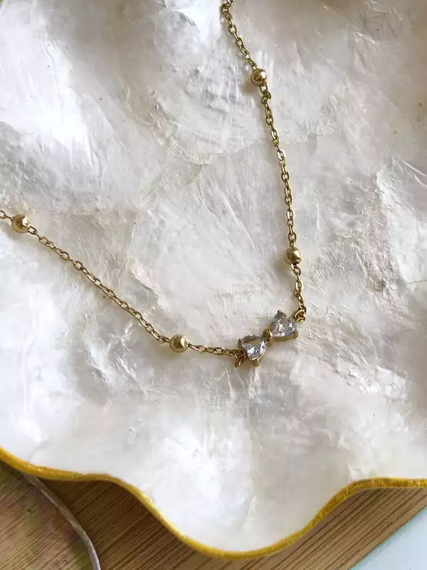 Duo Heart Necklace Anti Tarnish Double Heart Stone Necklace